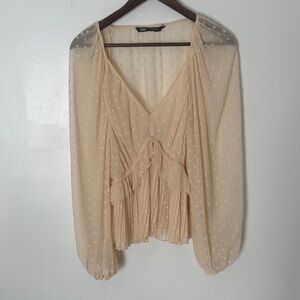 Zara Pale Beige Swiss Dot Ruffled V-Neck Blouse